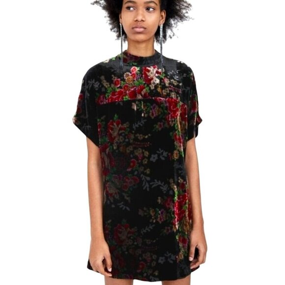 Zara Dress Women XS Black‎ Burnout Velvet Floral High Neck Shift Mini Whimsigoth - Picture 1 of 14